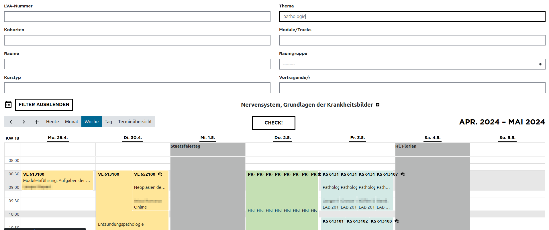 CHRONOS Filter und Kalender